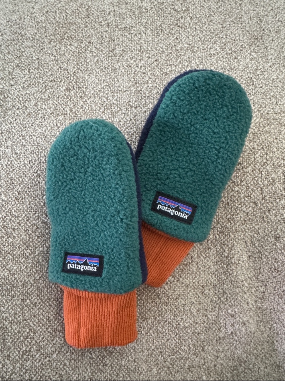 Baby Patagonia Teal Sherpa Mittens with Rust Cuffs